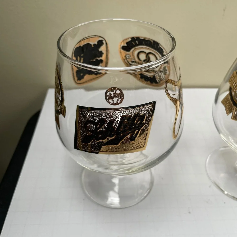 VTG Pabst Blue Ribbon PBR‎ Beer Glass Set 4 Gold MCM Brewery Promo Barware